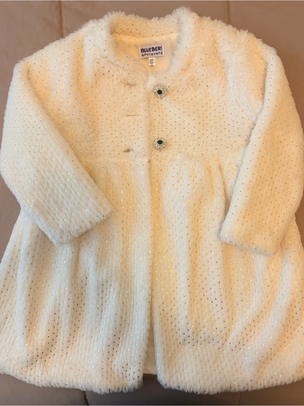 Blueberi Boulevard Ivory Faux-Fur Sparkle Coat
